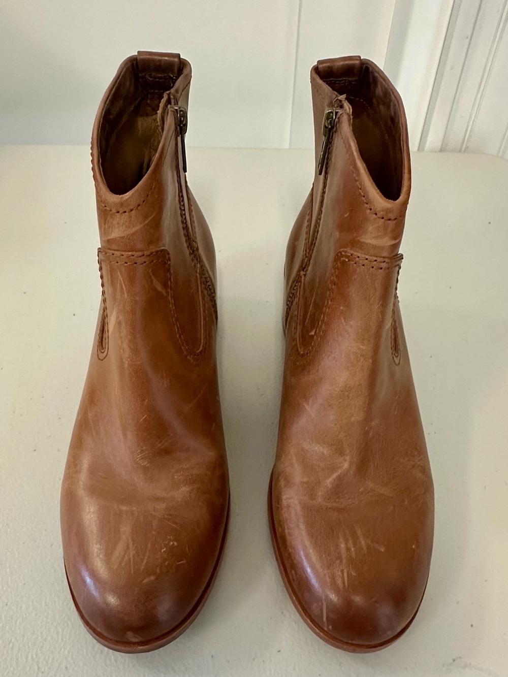 Frye Brown Leather Ankle Booties with Side Zip - Picture 2 of 6